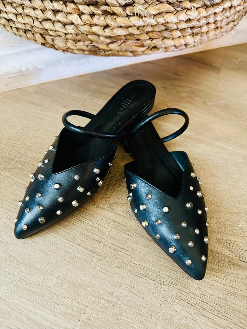 SCHUTZ Black and silver Studded Pointed-Toe Mules